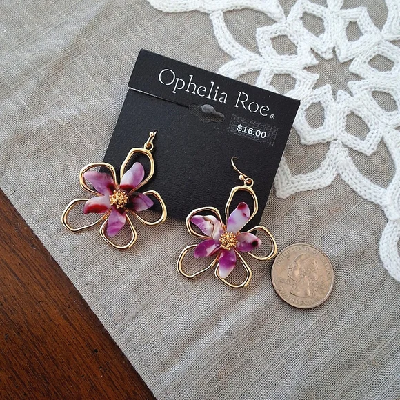Ophelia Roe, NWT, Variegated Flower & Gold Dangle Earrings - Picture 3 of 7